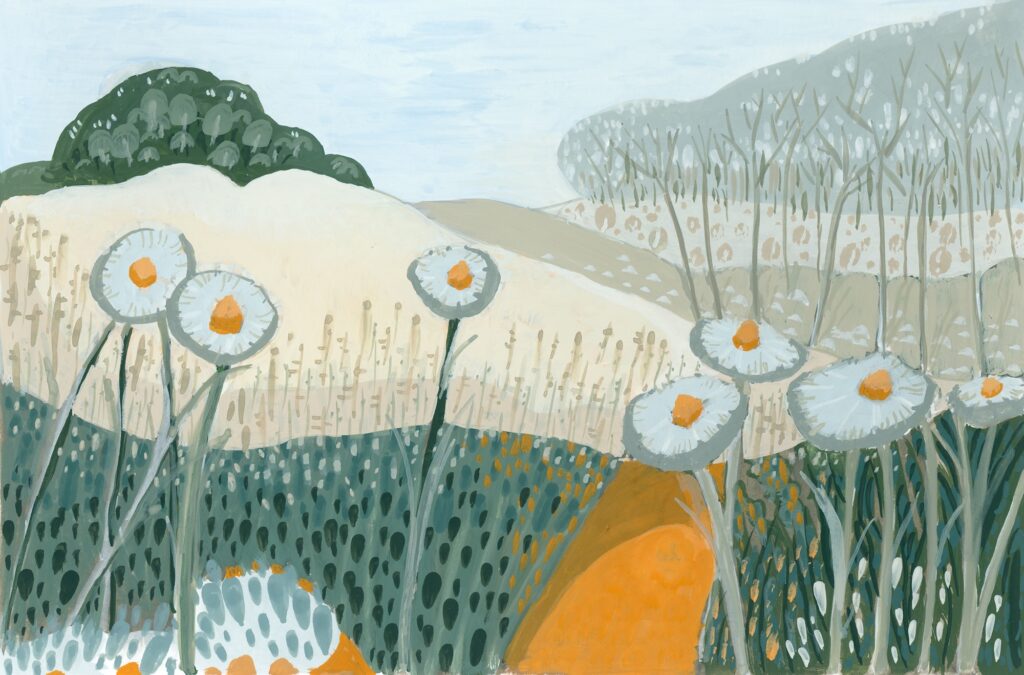 Whimsical, semi-abstract gouache painting of weeds in landscape with orange path and artists marks