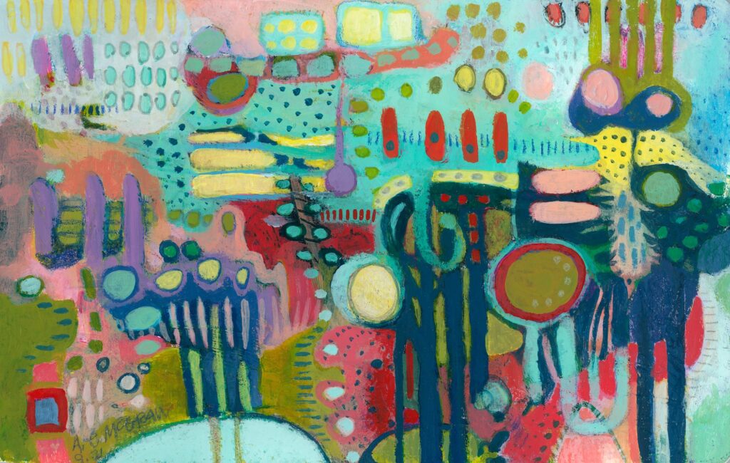 Acrylic abstract of water buffalo in aqua, teal, coral and indigo