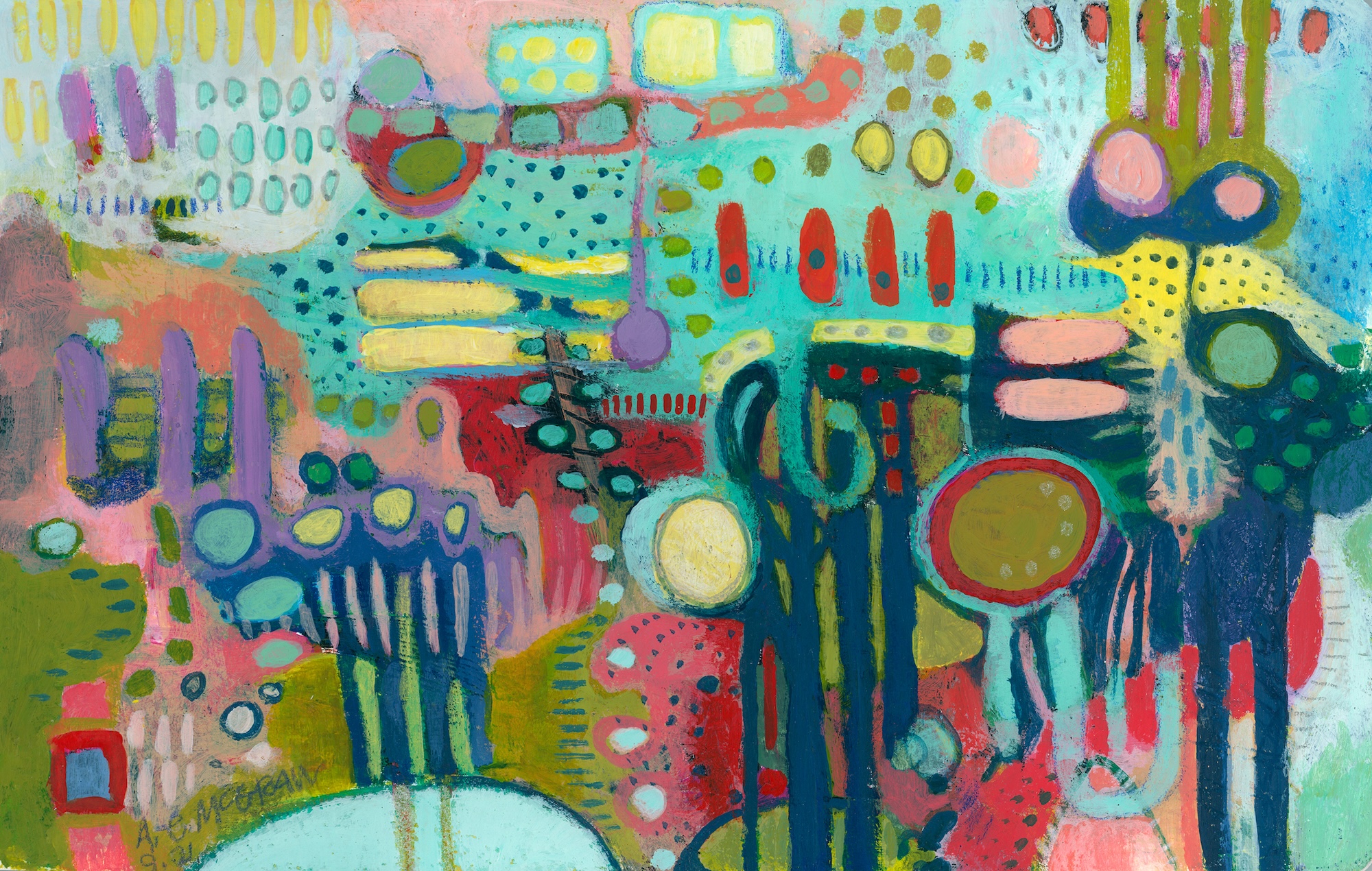 Acrylic abstract of water buffalo in aqua, teal, coral and indigo