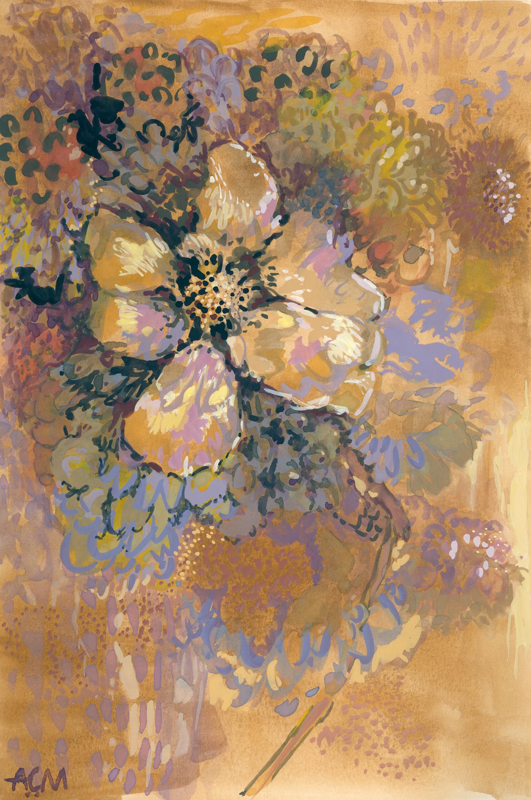 Floral abstract in ochre, terracotta and violet-blue