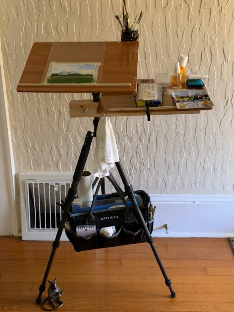 Ergonomic plein air easel set up