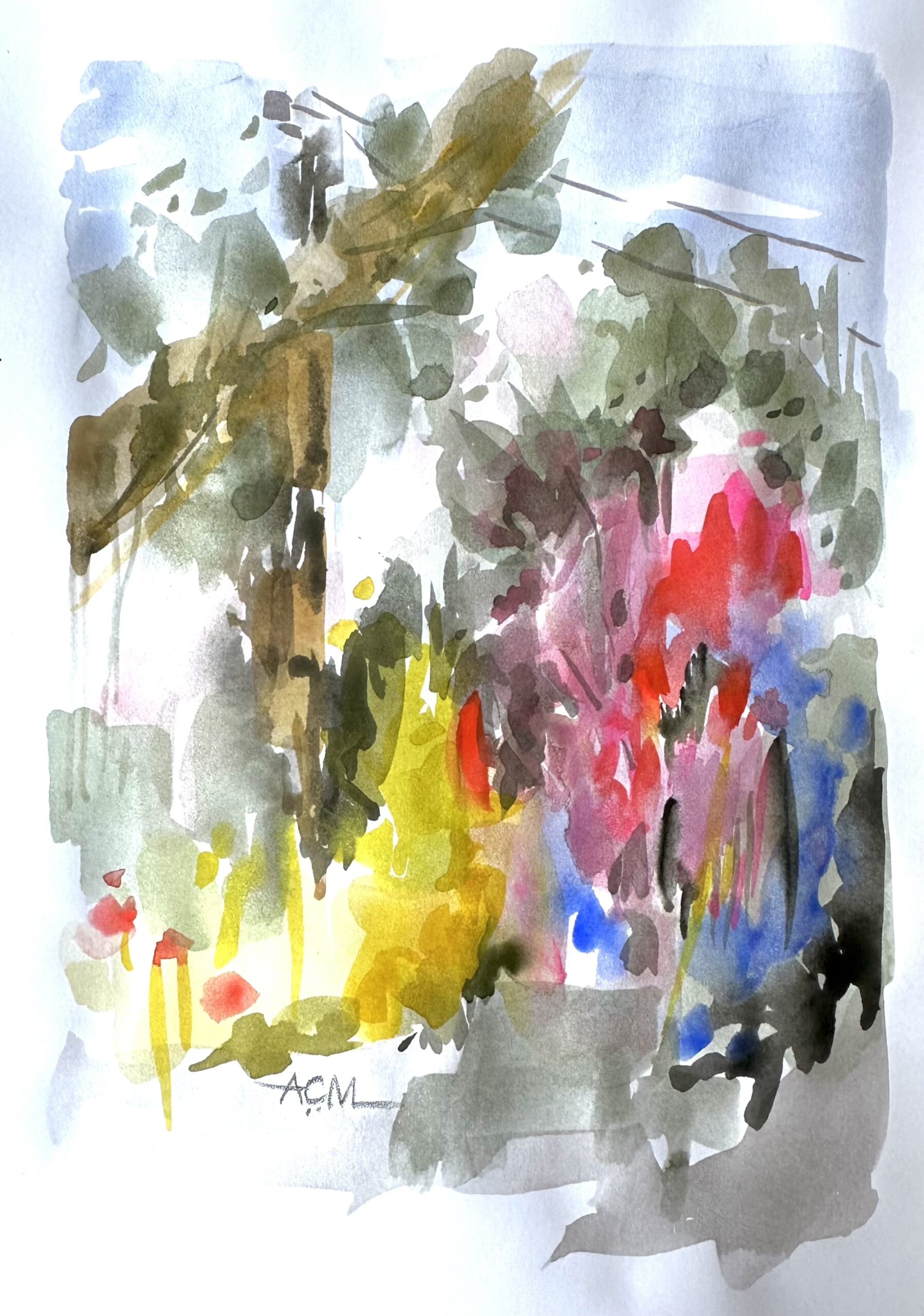 Watercolor with splashes of bright colors on soft green background hinting at trees