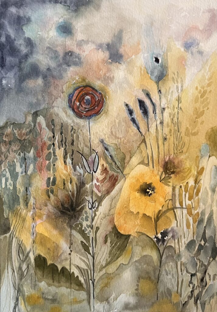 Surrealistic floral watercolor scene in ochres and indigo by Anne-Cressey McGraw and inspired by drone view photograph by Wandering Ducks Photo & Film