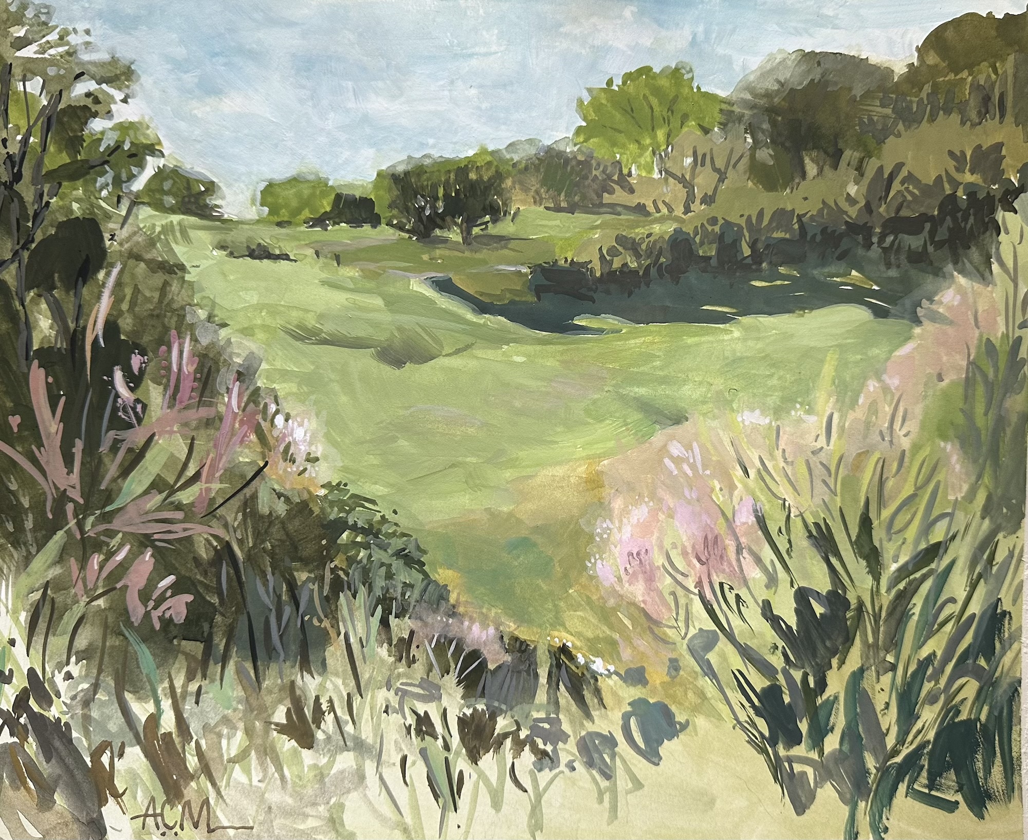 Loose gouache painting style of grassy slopes surrounded by trees, shrubs and masses of flowers