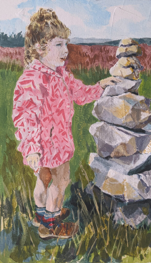 Acrylic painting of young child with hand on stacked rocks at Purlear, NC