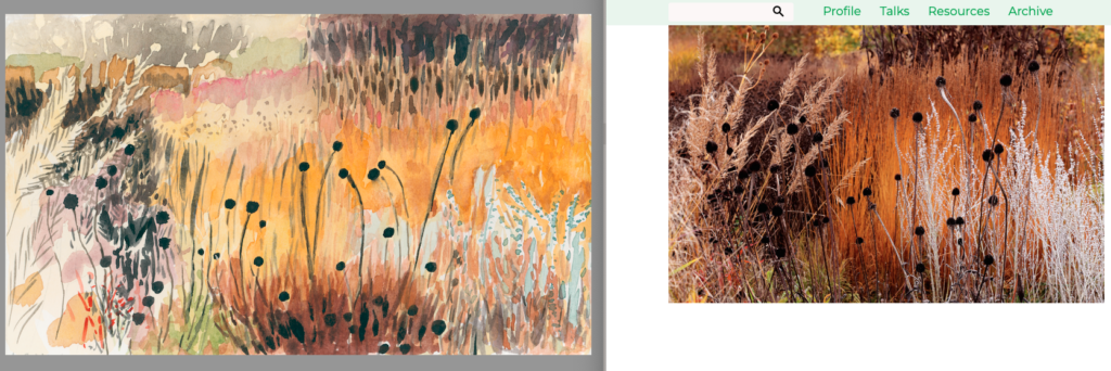 Comparison of watercolor and photograph artwork of wild meadow for originality