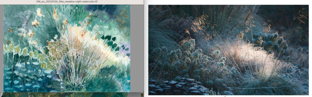 Comparison of watercolor and photograph artwork of garden setting for originality