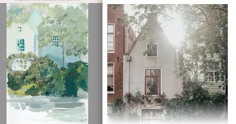 Comparison of gouache artwork and photograph of homes for originality