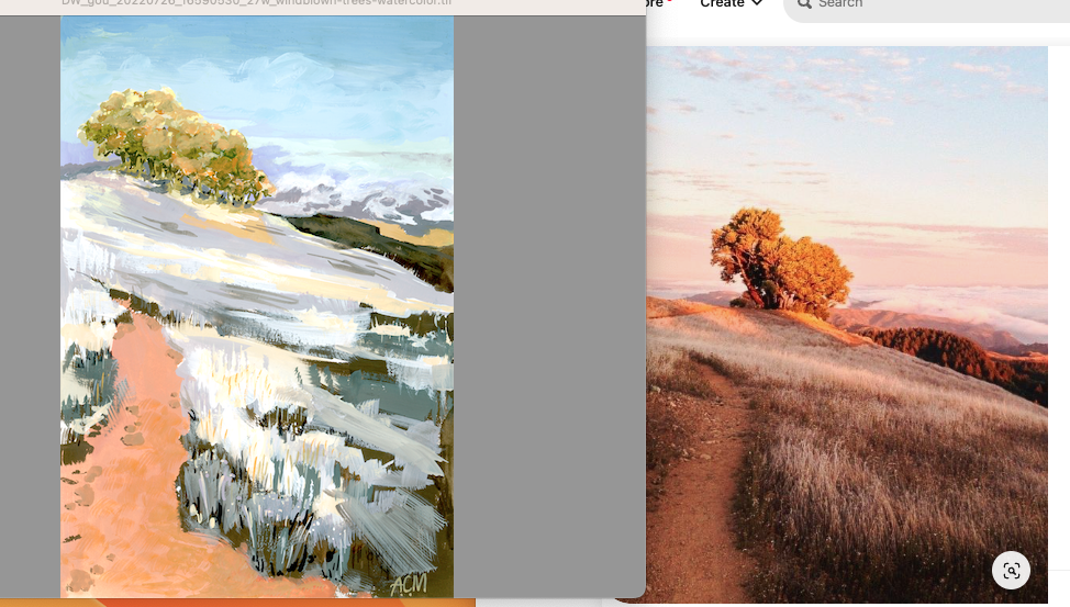 Comparison of gouache artwork and photograph of trees on hillside for originality